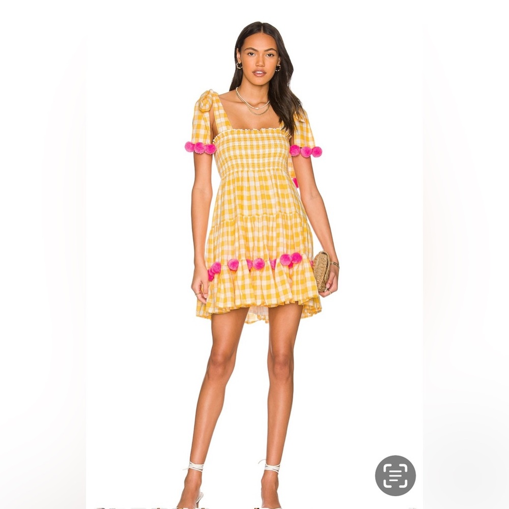 Sundress Yellow Gingham Dress with Pink Pom Poms.